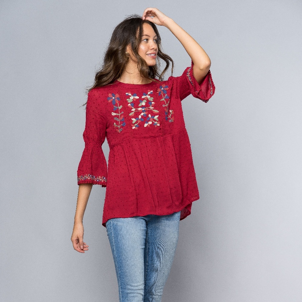 Burgundy Polka Dot Embroidered Top